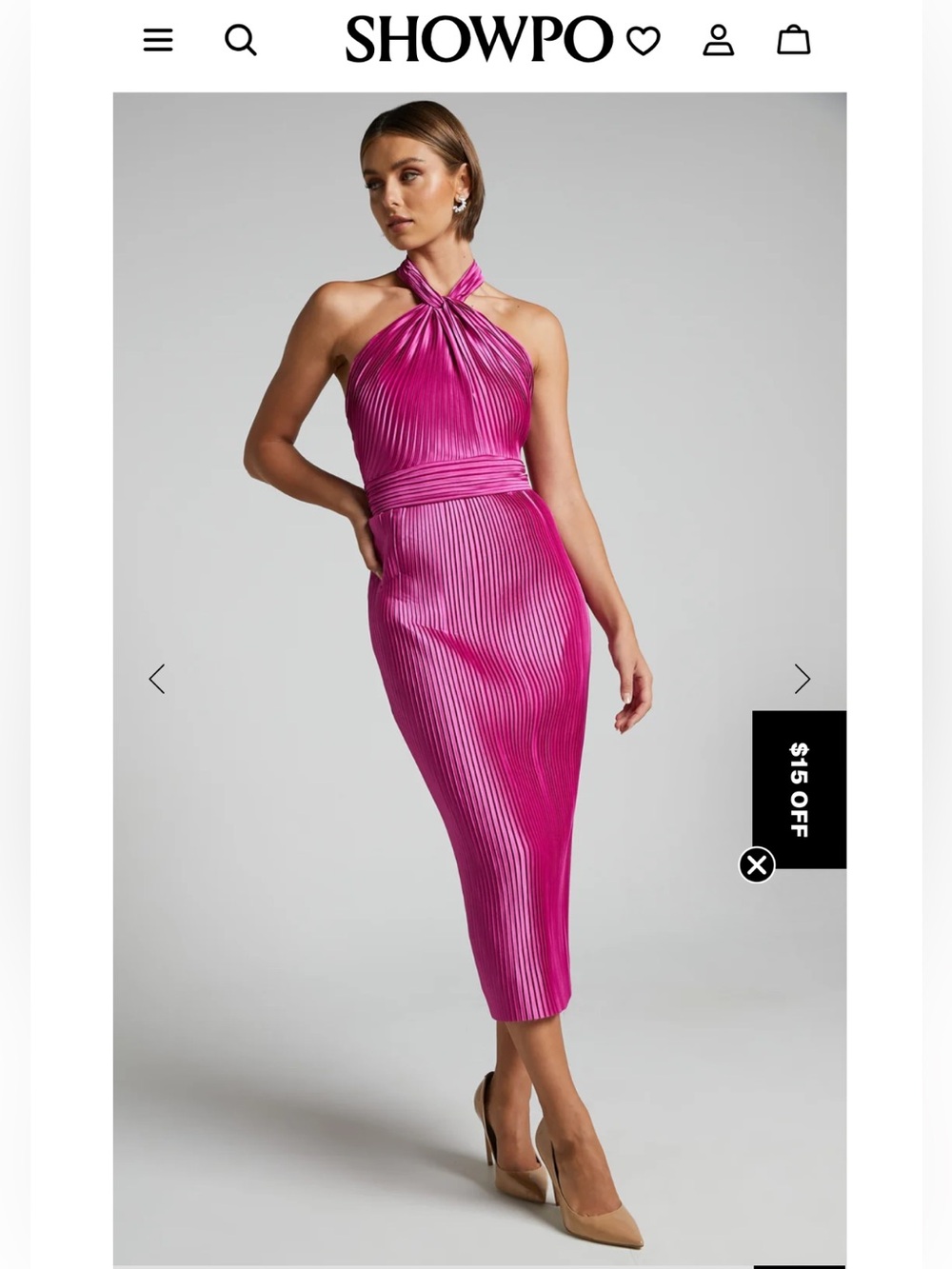Showpo nwt marlette open back Fuchsia Halter Pleated Midi Dress sz 2